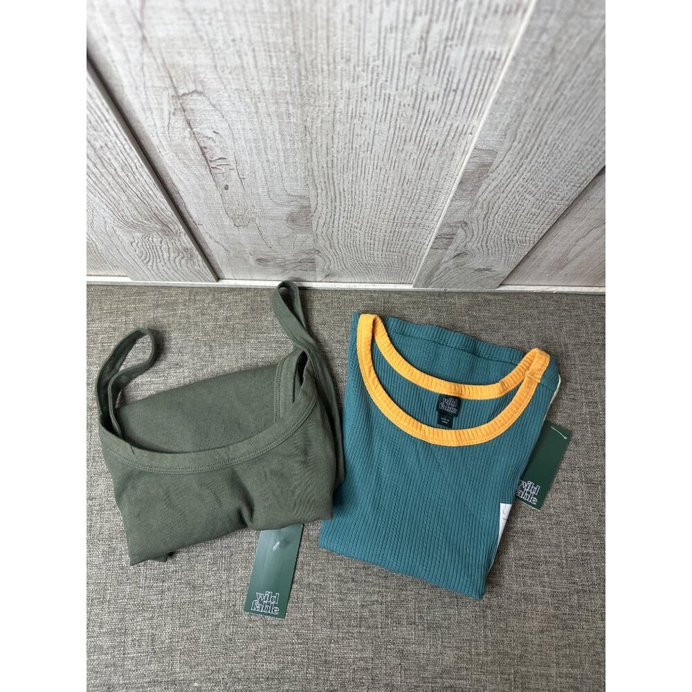 Wild Fable Womens Size Large Ribbed Tank Tops Set of 2 Green & Multicolor Trim